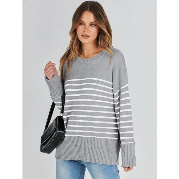 Women's Grey White Stripe Oversized Long Sleeve Casual Fuzzy Knit Sweaters - Picture 8 of 9